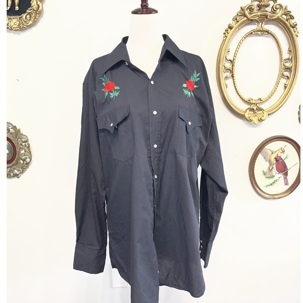 High Noon Black Western Shirt Embroidered Red Rose Pearl Snap Size L